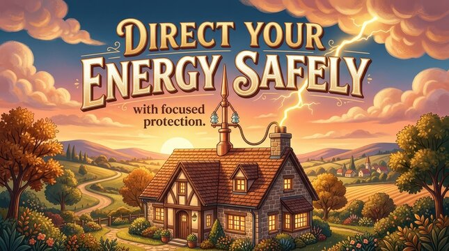 Lightning strikes a quaint cottage with a lightning rod, emphasizing the need for safe energy redirection and protection during storms