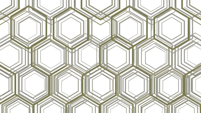 Geometric pattern with nested hexagons in olive green and gray lines on a white background