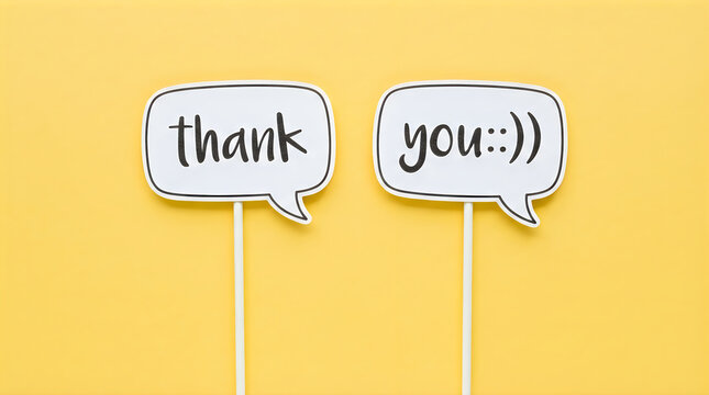 Two speech bubbles with the text thank you, held up on sticks against a solid yellow background