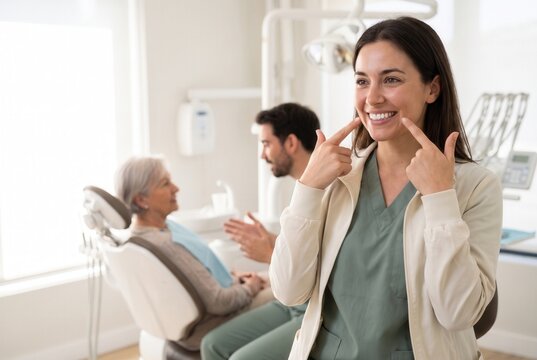 Dental assistant or hygienist pointing at her healthy smile in a modern clinic