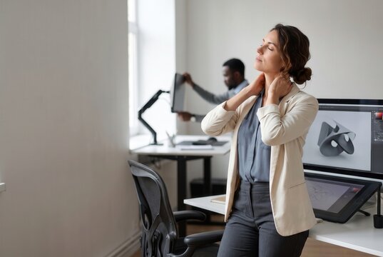 Woman standing at desk, rubbing her neck due to discomfort and tension from work