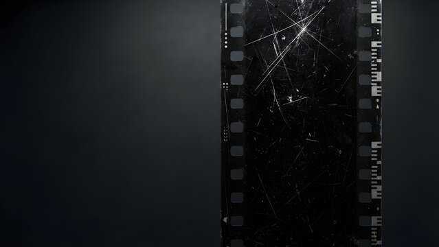 Close-up of a scratched and vintage 35mm film strip with perforation detail on a dark background