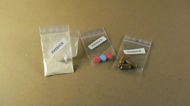 Three clear plastic bags labeled as evidence containing seized narcotics like cocaine powder, ecstasy tablets, and unknown pills. The scene depicts a police investigation or a forensic crime scene