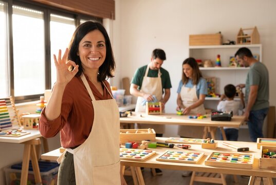 Woman standing in workshop, showing okay gesture with people working in background