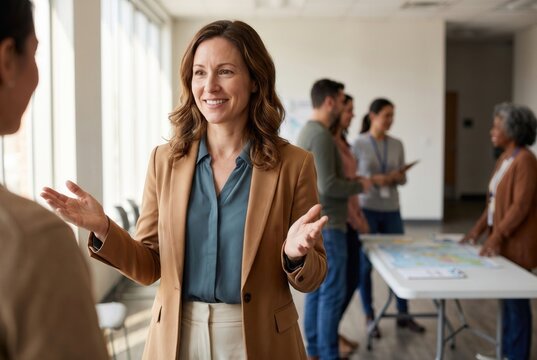 Businesswoman communicating with colleague during a corporate event in a modern office space