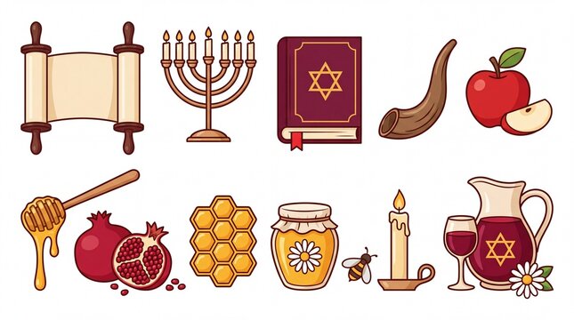 Illustration of Jewish New Year symbols including honey, pomegranate, apple, and menorah arranged on a white background