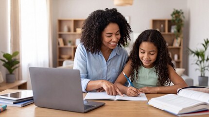 Obraz premium African American woman assists young girl with homework at a wooden table, laptop and books visible in a bright, modern living room