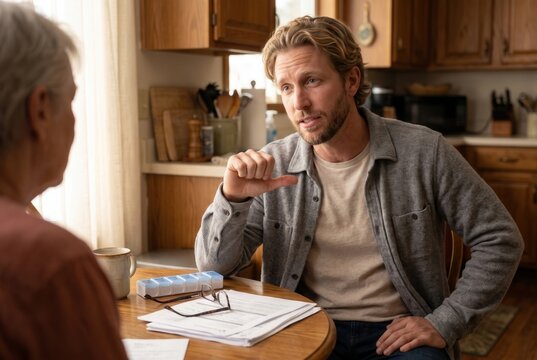 Caregiver man and an elderly woman discussing healthcare matters at a kitchen table
