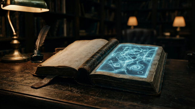 Old glowing magic spellbook open on a wooden table in library