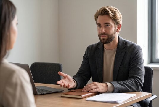 Male employer interviewing a female candidate during a job recruitment process