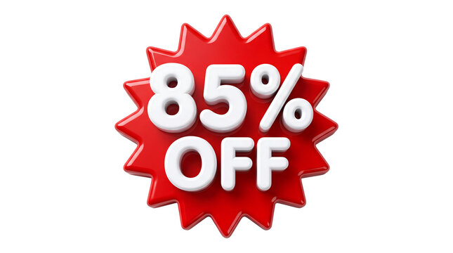 Red promotional badge displaying eighty five percent discount text over an isolated transparent background.