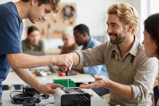 Male mentor teaching young man to repair electronics during a vocational class