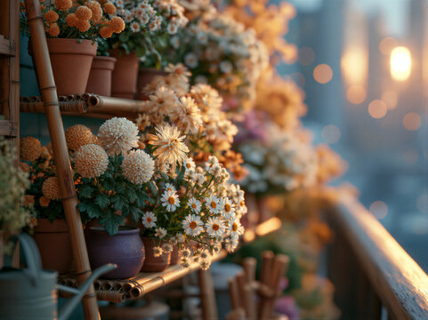 Sunlit balcony garden with bamboo shelves, terracotta pots of autumn mums and daisies, golden light on petals, soft city bokeh, shallow focus, right copy space for lifestyle blogs and brand ads.
