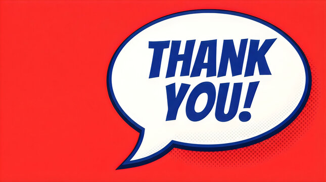 Comic style speech bubble with text thank you on a red background