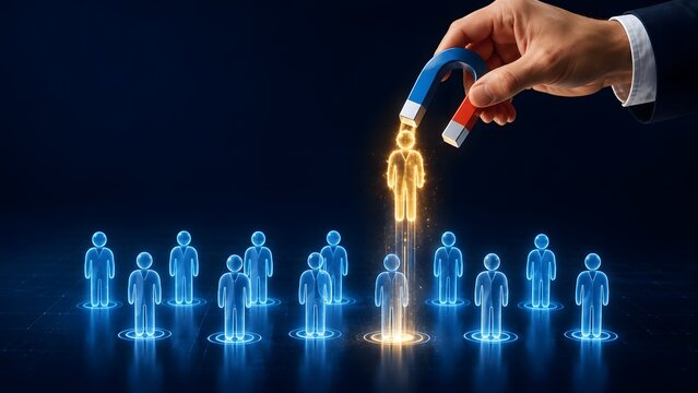 Businessman hand holding physical magnet to extract glowing golden figure representing talent acquisition