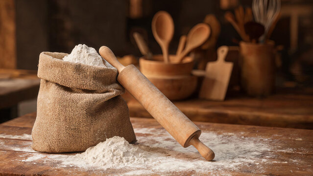 A burlap sack filled with flour rests on a wooden table, with a wooden rolling pin leaning against it, scattered flour around, for baking preparation.