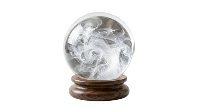 Crystal ball with swirling clouds inside on wooden base isolated on transparent background