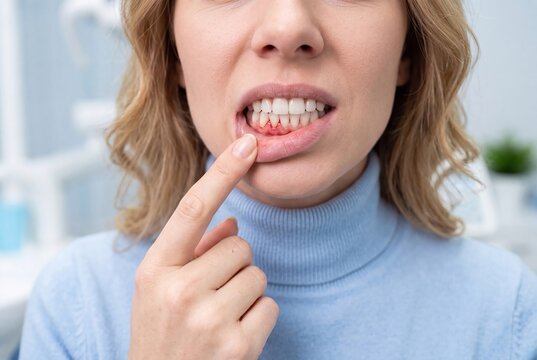 Woman pointing at bleeding inflamed gums in a dental office setting with signs inflammation bleeding