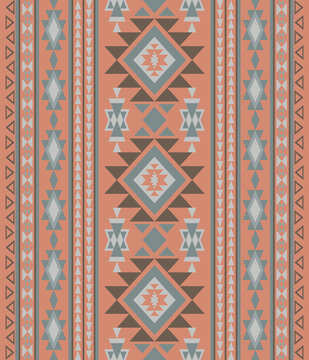 Southwestern tribe aztec native american navajo seamless pattern wih pastel shades of brick orange, gray and turquoise  for prints on blankets, rugs, textiles or bohemian style home decor.