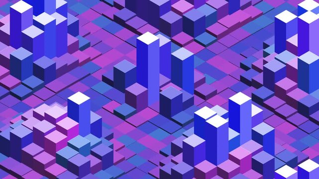 Colorful 3D Isometric Purple and Blue Block Pattern Motion Loop. Vibrant Isometric Cubes Abstract Background Loop