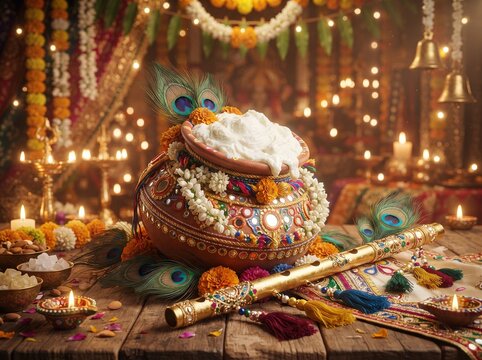Janmashtami celebration background with decorated clay pot dahi handi filled with butter, flute, peacock feathers, and glowing diyas on a wooden table