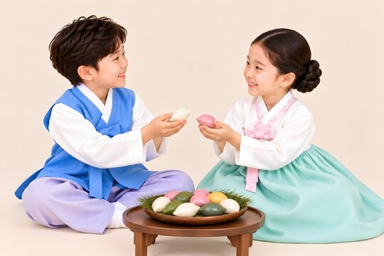 한복을 입은 아이들이 서로 송편을 건네는 추석 풍경Generating AI
