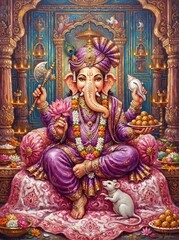 Fototapeta premium Lord Ganesha seated on an ornate throne with his mouse vahana, traditional Hindu deity illustration for religious festivals
