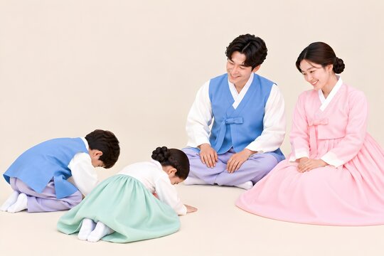 한복을 입은 가족이 함께 세배하는 한국 명절 풍경
키워드Generating AI
