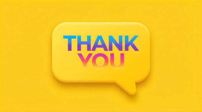 Yellow speech bubble with thank you text in blue and purple gradient on yellow background