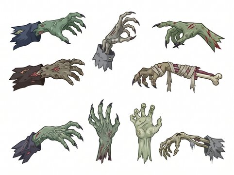 Set of cartoon zombie hands, arms, and bones isolated on white background. Halloween vector illustration.