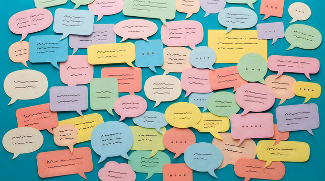Many colorful speech bubbles with scribbled text on teal blue background