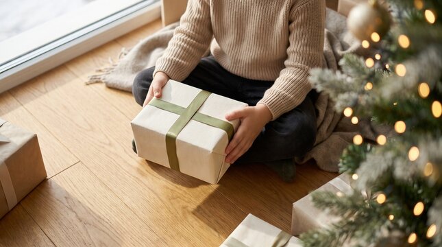 Child opening a Christmas gift box while sitting on the floor.