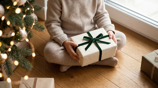 Person in cozy sweater sitting cross-legged with a Christmas gift.