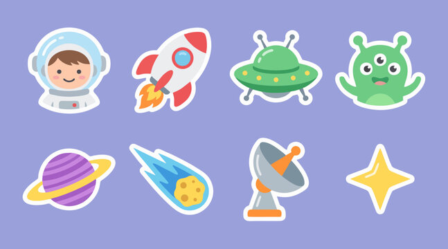 Vibrant colorful space themed vector sticker set featuring adorable cartoon astronauts rockets and extraterrestrial alien creatures