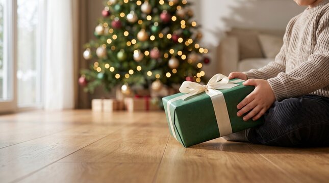 Hands holding a green wrapped gift box with a blurred Christmas tree background.