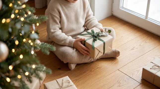 Child in cozy sweater sitting on floor with a Christmas gift.
