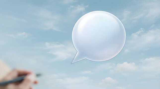 A hand holding a pen with a blank speech bubble floating in a sky with clouds