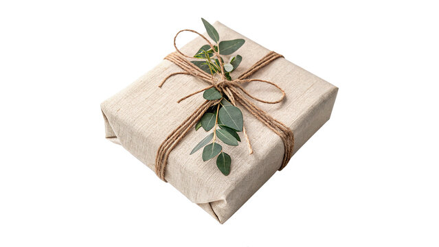 Gift box wrapped in craft paper with greenery isolated on transparent background
