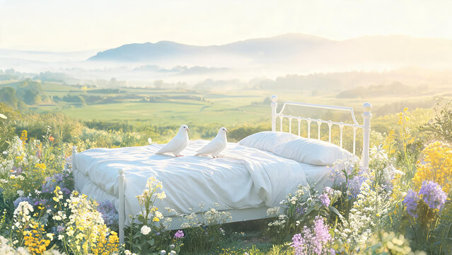 A white metal bed with two white doves rests among wildflowers in a misty sunlit rural valley with rolling hills.