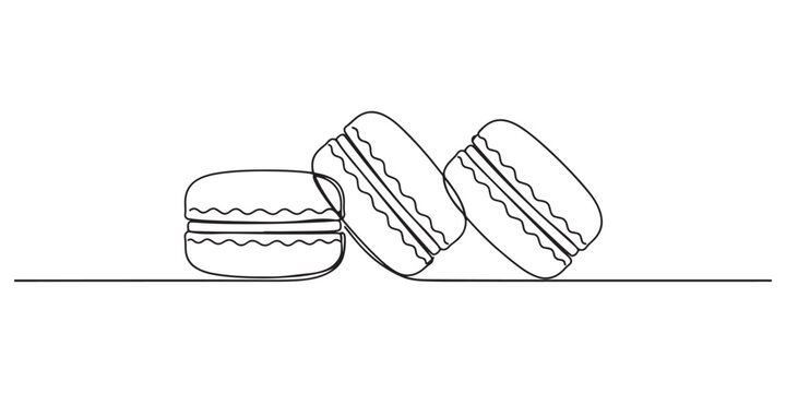 Three delicious sweet macaron cookies arranged in a row as a simple hand drawn black outline illustration for food design projects and bakery menus or cafe branding graphic elements