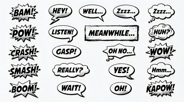 Set of black and white comic book speech bubbles with sound effects like bam, pow, crash, and wow, isolated on white background