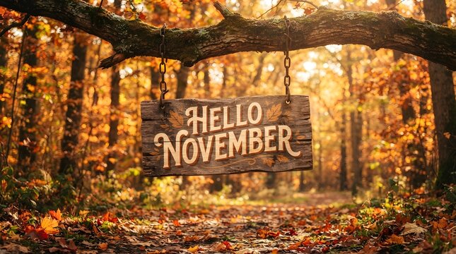 Hello november wooden sign hanging from a tree branch in a beautiful autumn forest with golden fall foliage and leaves on the ground