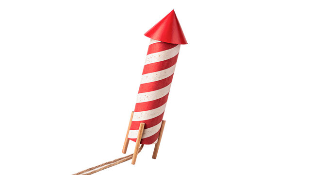 Red and white striped toy firework rocket isolated on transparent background