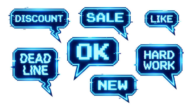 Set of neon pixel speech bubbles with text like discount, sale, like, deadline, ok, hard work, new retro video game chat box elements isolated on white background