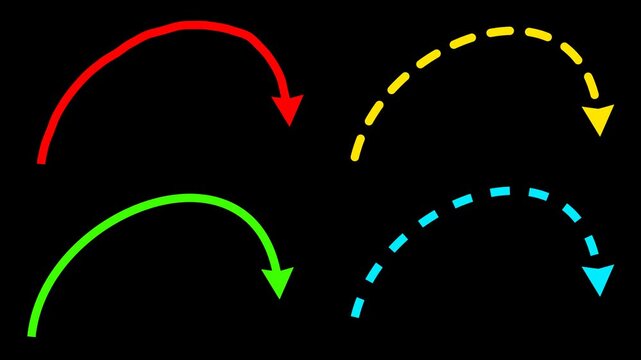 Animated curved arrows with solid and dashed line styles, useful for presentations, tutorials, infographics, diagrams, and motion graphics.