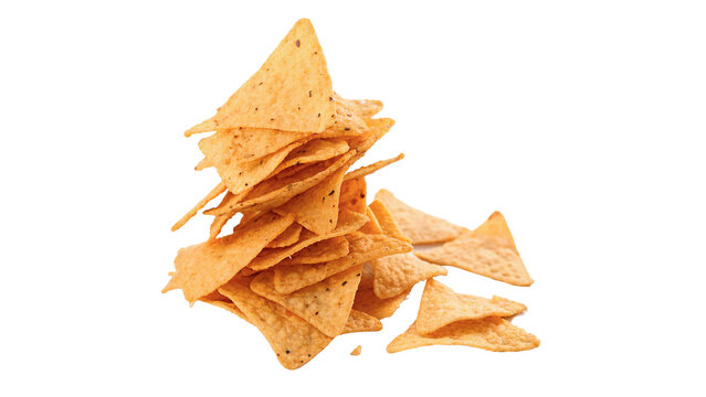Stack of crunchy corn tortilla nachos chips isolated on transparent background