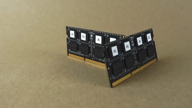 Two random access memory modules with chips labeled AI for artificial intelligence slowly rotating, symbolizing the integration of AI into computer hardware and data processing technology
