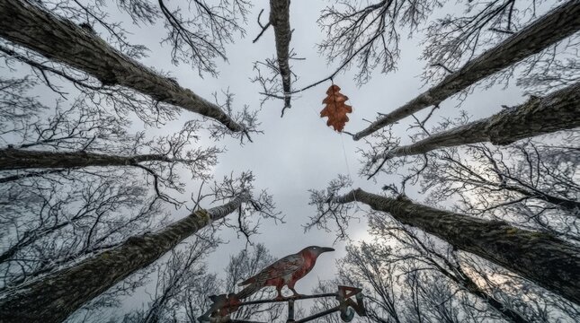Yule Nordic winter solstice frost patterns on bare oak branches with iron raven weather vane in overcast dramatic landscape