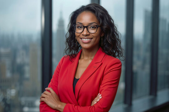 Confident black businesswoman smiles warmly in modern office space. She wears red blazer and stylish glasses. Her arms are crossed, posture exudes professionalism