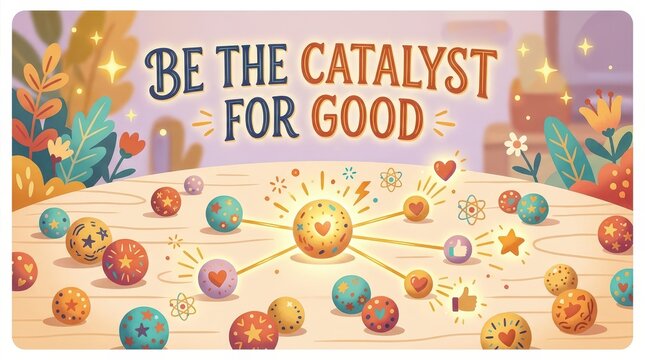 Inspiring message "Be the catalyst for good" with colorful spheres connected by lines, symbolizing connection and positive impact.